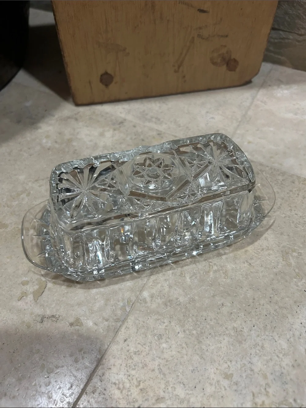 vintage Anchor Hocking (EAPC) Star of David clear glass covered butter dish
